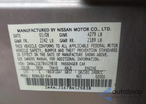 2008 Nissan Altima 2.5 S из США, поврежденный, VIN 1N4AL21E78N529838